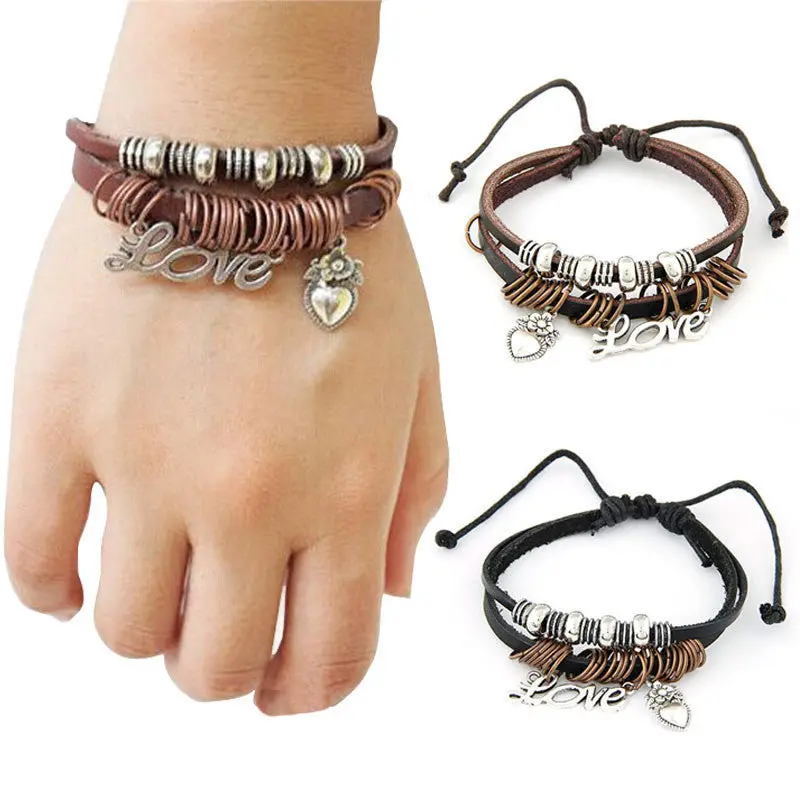 Women Men Trendy Bracelets Love Bead Multilayer Leather Band Chain Charms Bracelet Wrist Gift 1