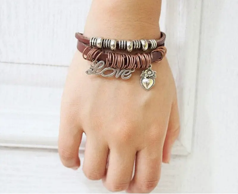 Women Men Trendy Bracelets Love Bead Multilayer Leather Band Chain Charms Bracelet Wrist Gift 2