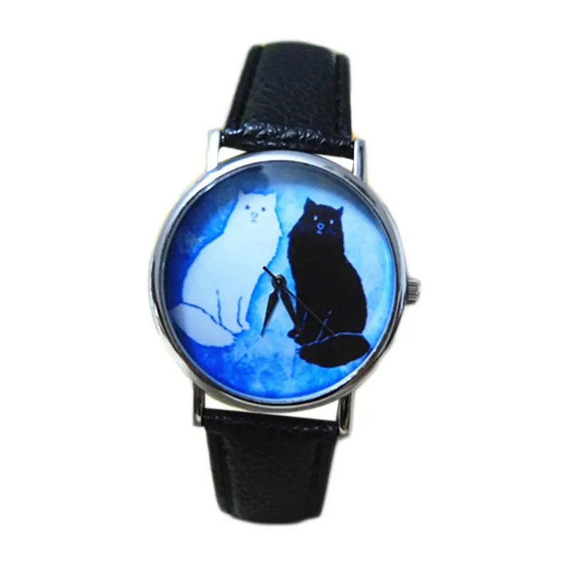 Women Men Watch Cute Cat Pattern Leather Band Analog Quartz Vogue Wrist Watch 1
