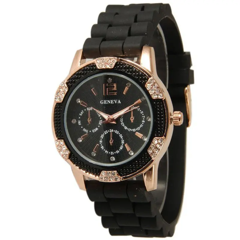 Women Men Watch Geneva Dress Clocks Rose Gold Chronograph Silicone Crystal Clocks Rhinestones Bezel 1