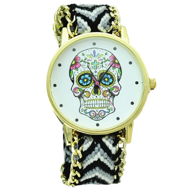 Women Men's Watch Skull Pattern Weaved Rope Band Bracelet Quartz Dial Watch 5