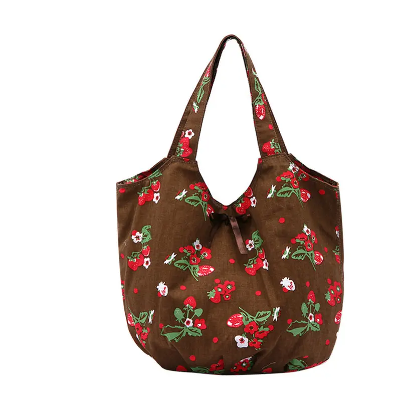 Women Messenger Bags Cotton Canvas Bag Strawberry Bow Portable Shoulder Bags Casual Hbag School Shopping Bag 1