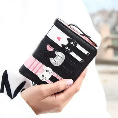 Women Mini Purse Lovely Cats Print Bifold Leather Wallet Card Holder Purse Zipper Multiple Cards Holder For Girls 1