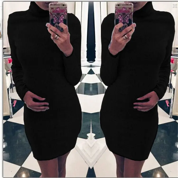 Women Mini Tricot Dress Turtleneck Grey Black Bodycon Office Dresses Casual Knitted Slim Vestidos Q0047 1