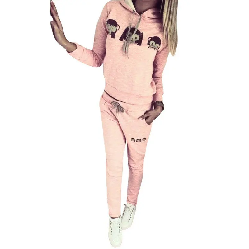 Women Monkey Emoji Long Sleeve Hooded Shirt Pants Two-Piece Suit 1
