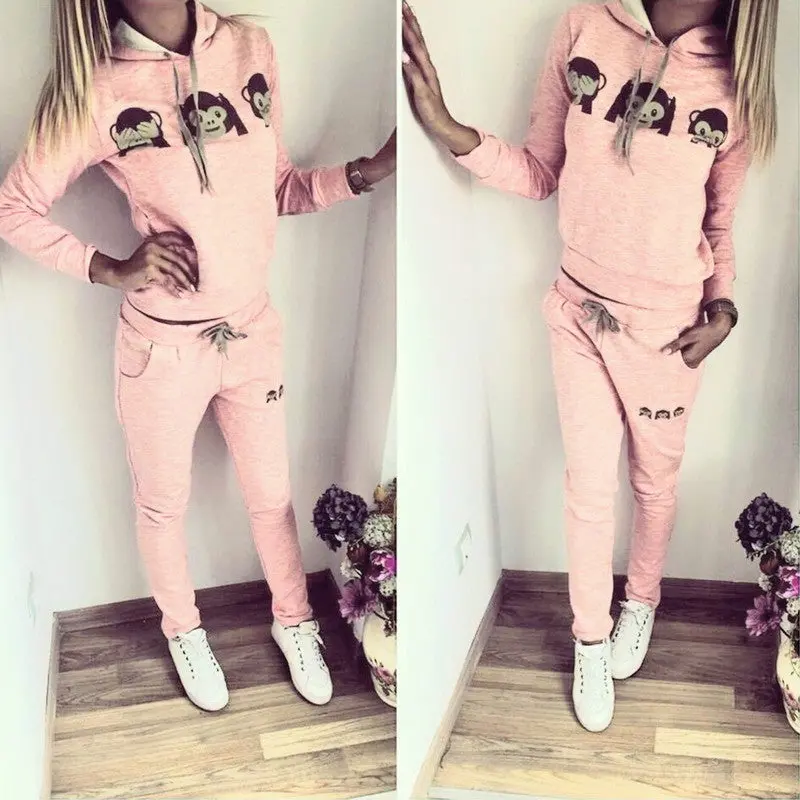Women Monkey Emoji Long Sleeve Hooded Shirt Pants Two-Piece Suit 2