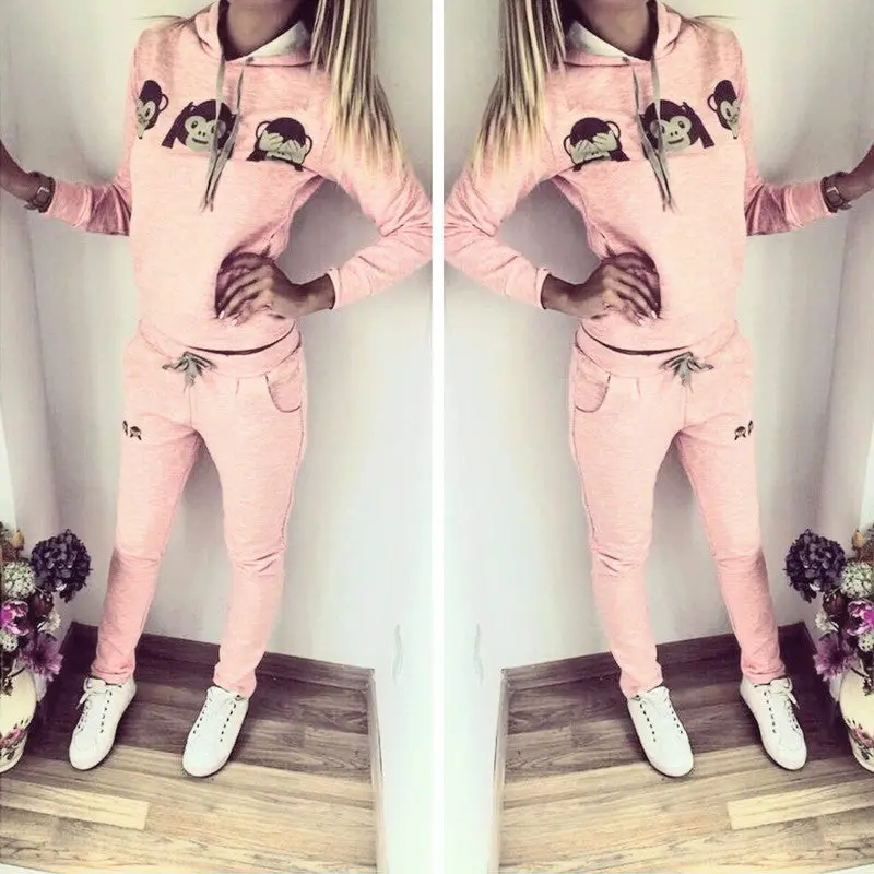 Women Monkey Emoji Long Sleeve Hooded Shirt Pants Two-Piece Suit 3