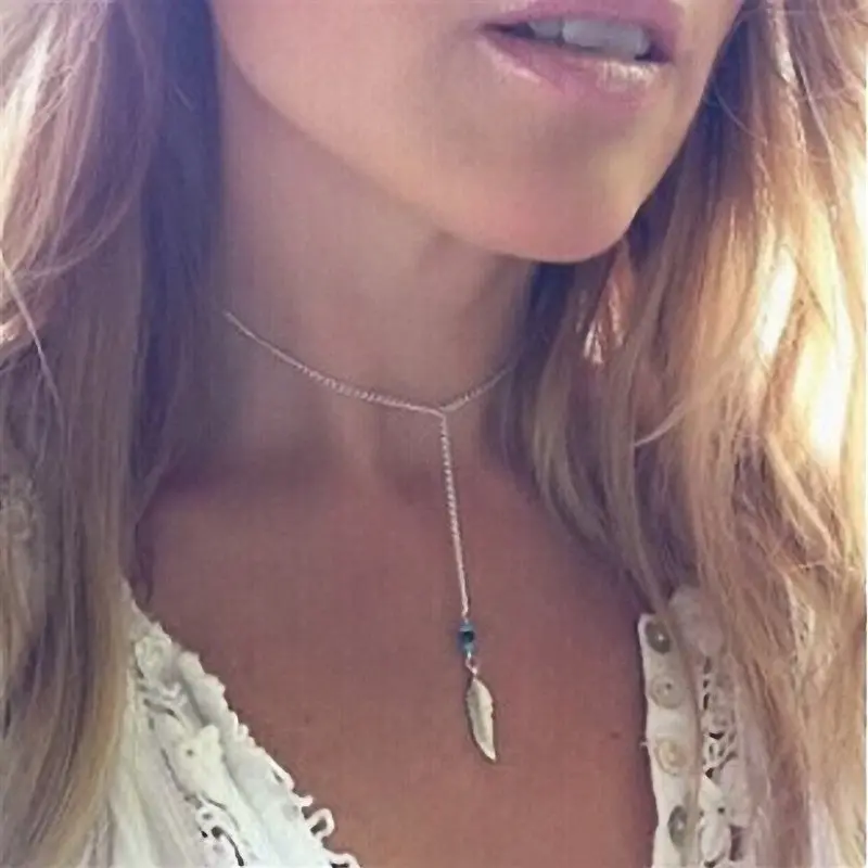 Women Necklace Bohemian Turquoise Feather Tassel Pendant Chain Statement Necklaces Gift For Girl Jewelry 2