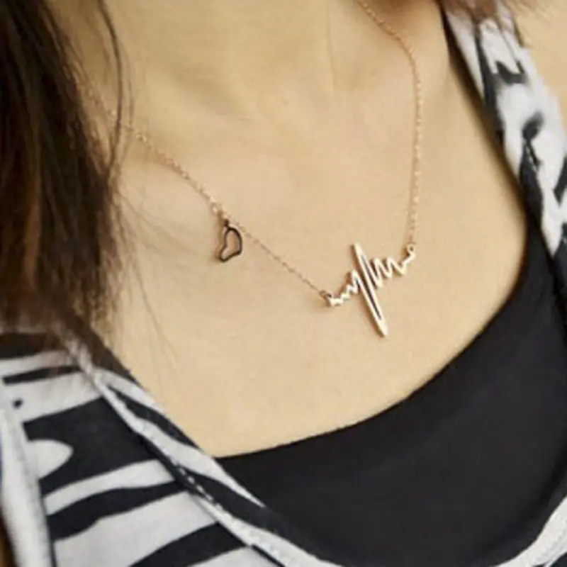 Women Necklace Gold Silver Ekg Heartbeat Rhythm With Love Heart Shaped Jewelry Maxi Necklaces 1