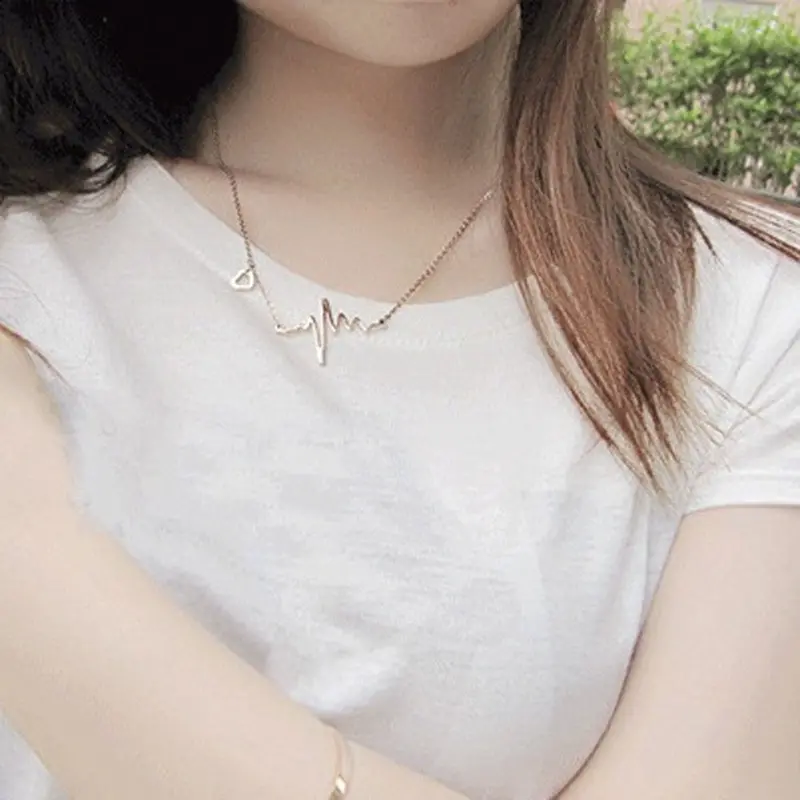Women Necklace Gold Silver Ekg Heartbeat Rhythm With Love Heart Shaped Jewelry Maxi Necklaces 2