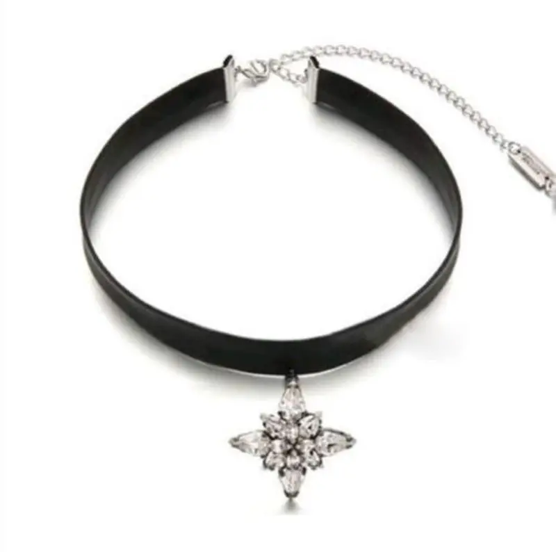 Women Necklace Gothic Pu Leather Crystal Choker Charm Pendant Necklaces Vintage Black Jewelry Gift 1