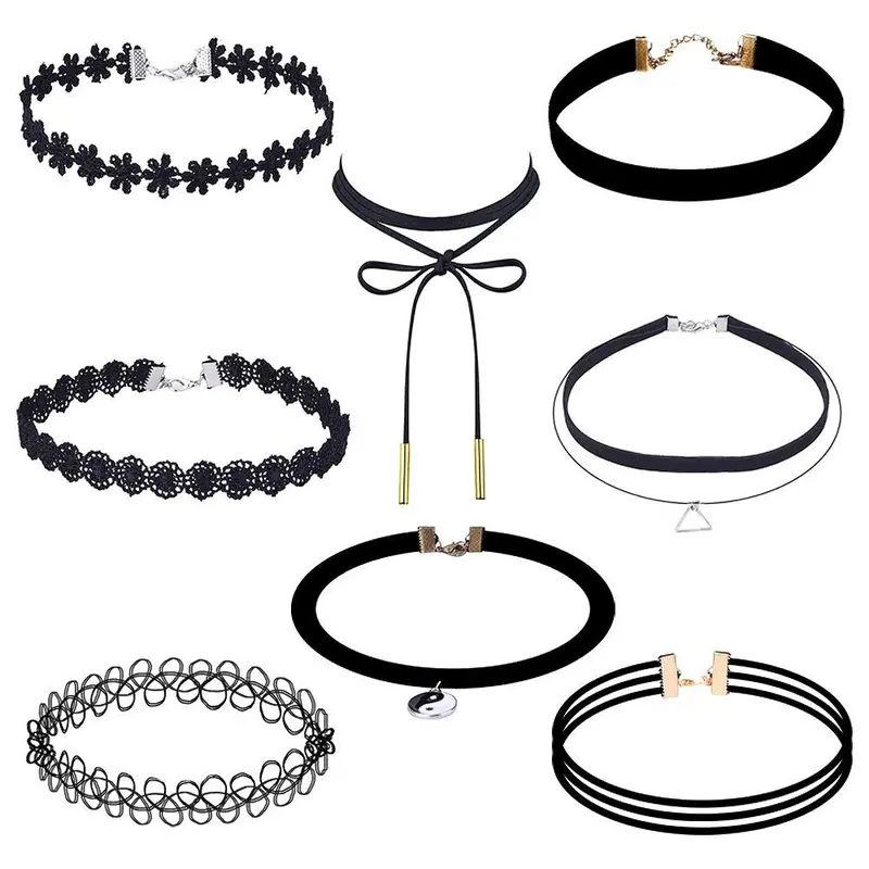 Women Necklaces 8 Pieces Choker Necklace Set Stretch Velvet Classic Gothic Tattoo Lace Choker Jewelry Gift 2