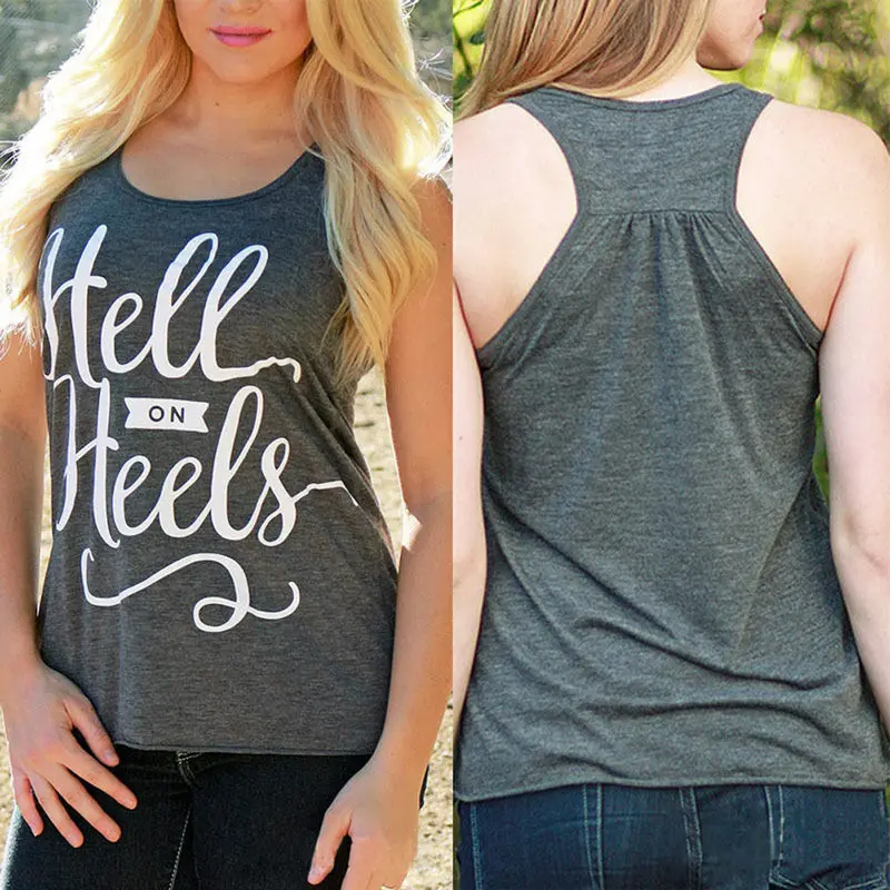 Women New Tank Tops Sleeveless Round Neck Loose T Shirt Ladies Vest Tank Tops T Shirt Tees Fitness Letter Print Tank 2
