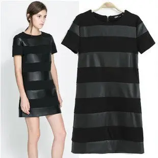 Women O-Neck Short Sleeve Party Dress Patchwork Striped Splice Pu Leather Casual Dress Vintage Slim Vestidos 1