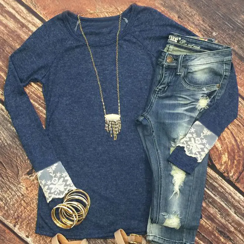 Women O-Neck Sleeve Splicing Lace Long Sleeve T-Shirt Tees Elegant Womens Lace Tops Casual Tee Shirt Femme Camisetas Mujer 6