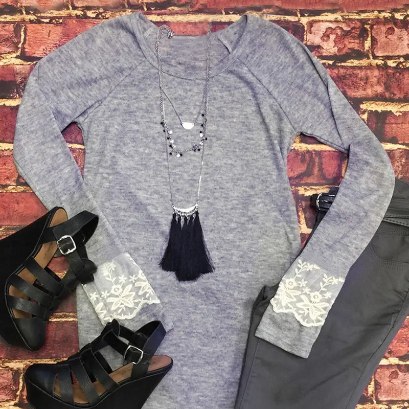 Women O-Neck Sleeve Splicing Lace Long Sleeve T-Shirt Tees Elegant Womens Lace Tops Casual Tee Shirt Femme Camisetas Mujer 7