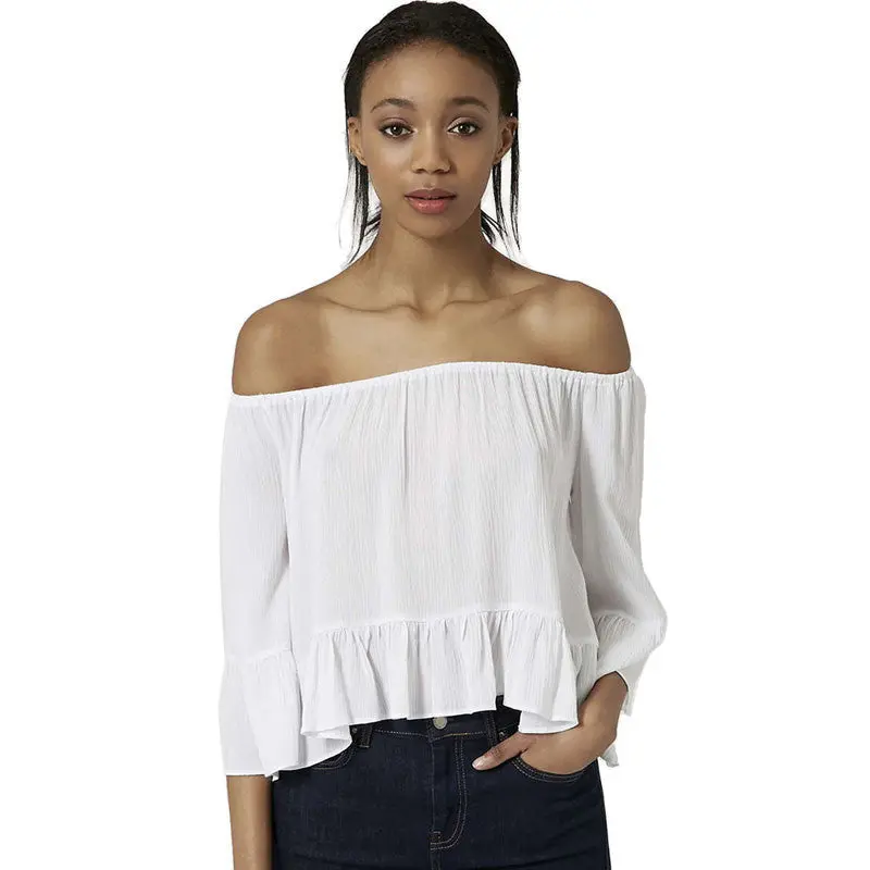 Women Off Shoulder Elastic Half Sleeve Casual White Chiffon Frilled Shirt Tops S-Xxl Size 1