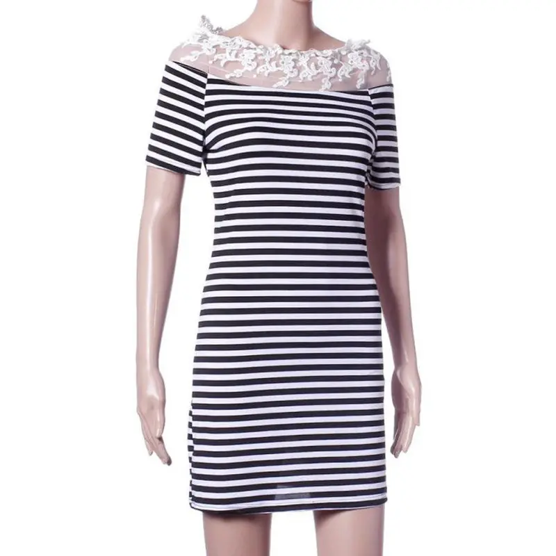 Women Off Shoulder Fashion Black And White Striped Short Sleeve Straight Short Casual Dress 7
