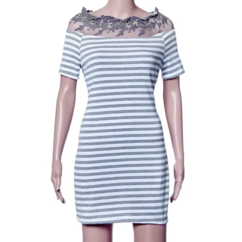 Women Off Shoulder Fashion Black And White Striped Short Sleeve Straight Short Casual Dress 8