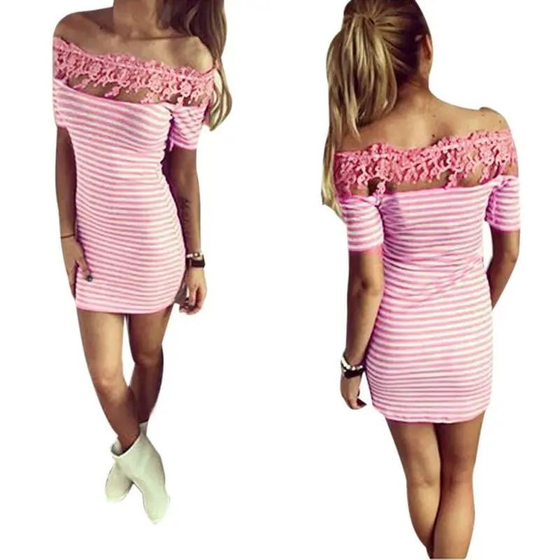 Women Off Shoulder Fashion Black And White Striped Short Sleeve Straight Short Casual Dress 9