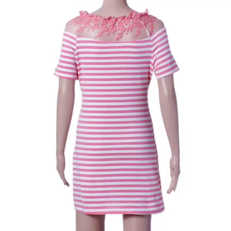 Women Off Shoulder Fashion Black And White Striped Short Sleeve Straight Short Casual Dress 9