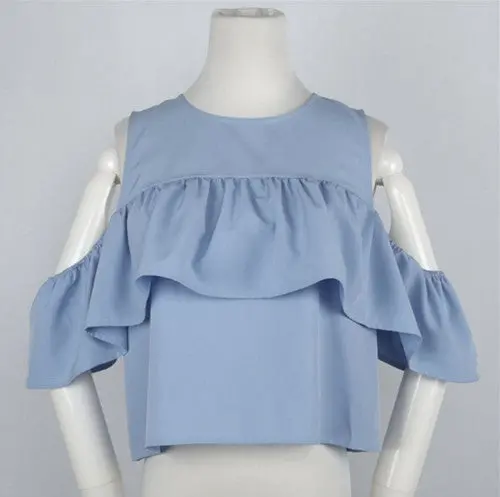 Women Off Shoulder Ruffles Shirt Hollow Out Blouse Pullover Tops Blusas Y Camisas Mujer Haut Chemise Femme Blusa 1