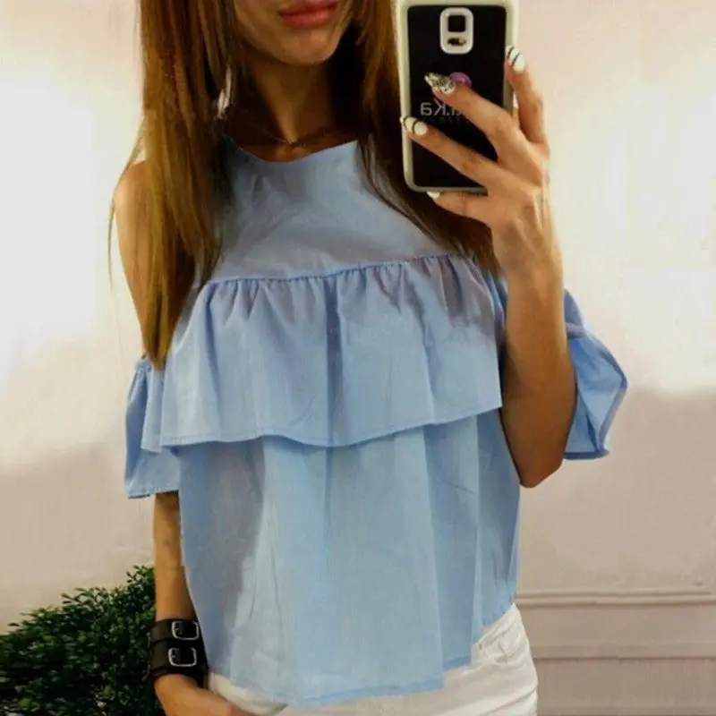 Women Off Shoulder Ruffles Shirt Hollow Out Blouse Pullover Tops Blusas Y Camisas Mujer Haut Chemise Femme Blusa 2