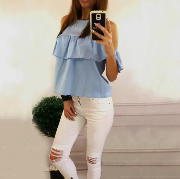 Women Off Shoulder Ruffles Shirt Hollow Out Blouse Pullover Tops Blusas Y Camisas Mujer Haut Chemise Femme Blusa 3