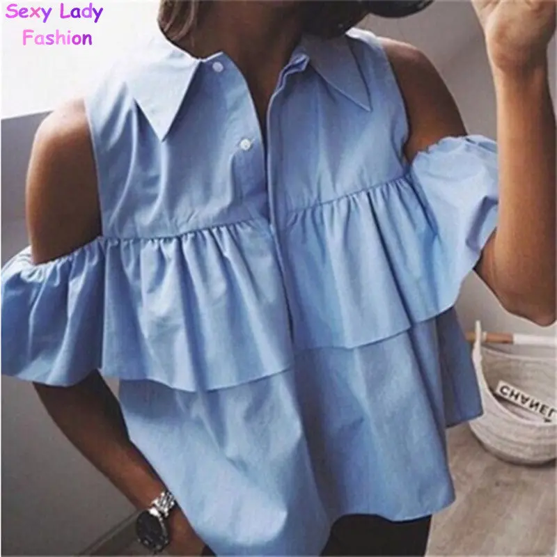 Women Off Shoulder Ruffles Shirt Lapel Hollow Out Blouse Tops Blusas Y Camisas Mujer Haut Chemise Femme Blusa 3