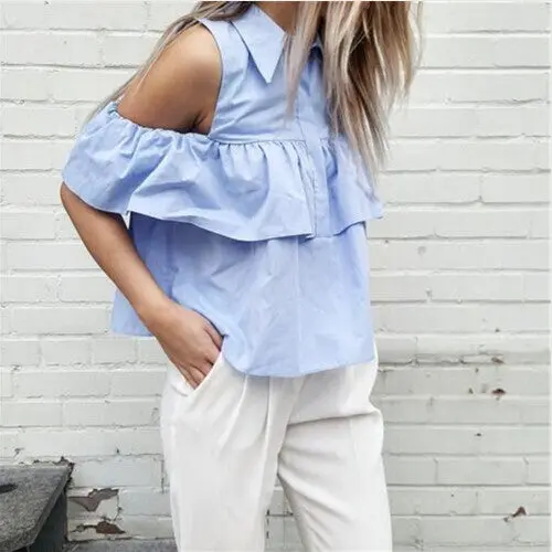 Women Off Shoulder Ruffles Shirt Lapel Hollow Out Blouse Tops Blusas Y Camisas Mujer Haut Chemise Femme Blusa 4