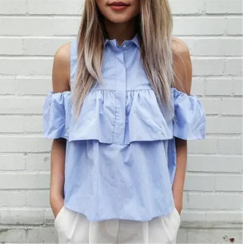 Women Off Shoulder Ruffles Shirt Lapel Hollow Out Blouse Tops Blusas Y Camisas Mujer Haut Chemise Femme Blusa 5