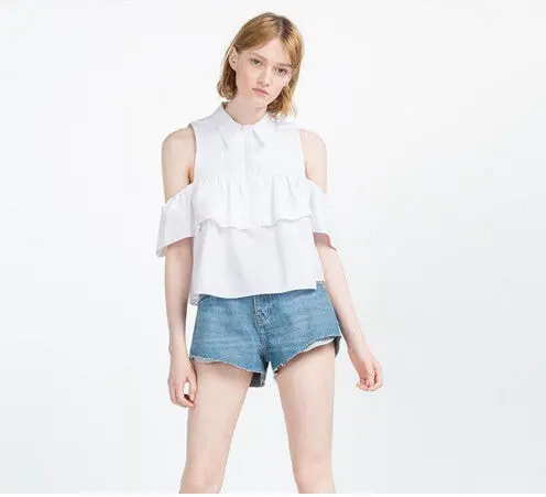 Women Off Shoulder Ruffles Shirt Lapel Hollow Out Blouse Tops Blusas Y Camisas Mujer Haut Chemise Femme Blusa 6