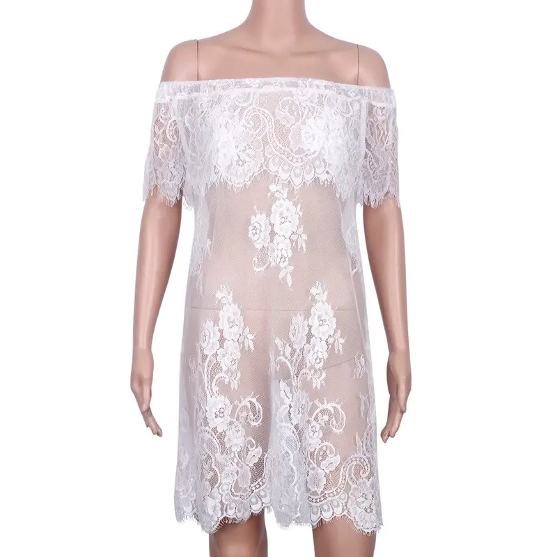 Women Off Shoulder White Lace Loose Beachwear Swimwear Bikini Beach Dress Feida 2