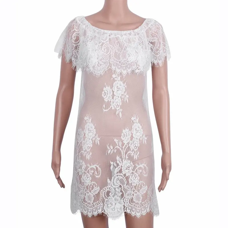 Women Off Shoulder White Lace Loose Beachwear Swimwear Bikini Beach Dress Feida 3