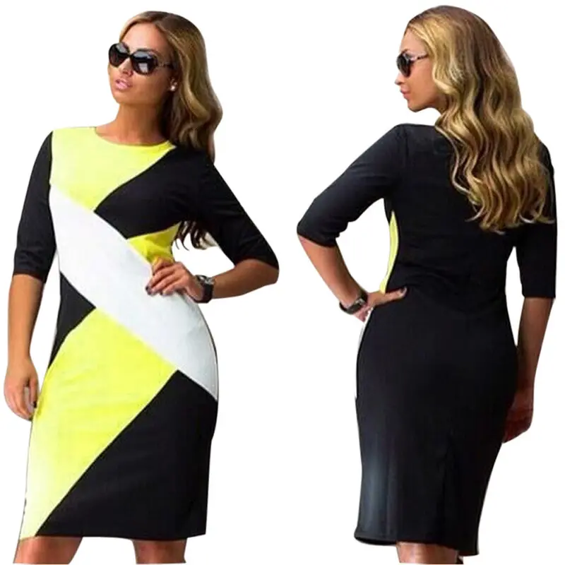 Women Office Geometrical Patchwork Contrast Color Pencil Dress Dresses Big Size Feida 1