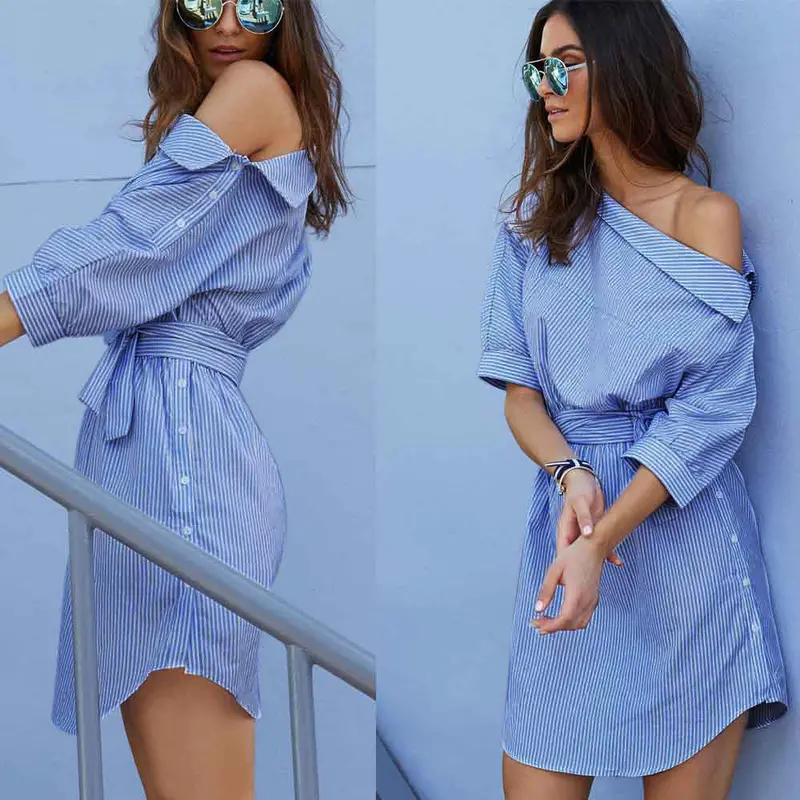 Women Office Shirt Dress Half Sleeve Stripes Off Shoulder Loose Casual Tie Waist Button Dress Beach Vestidos Dress 1