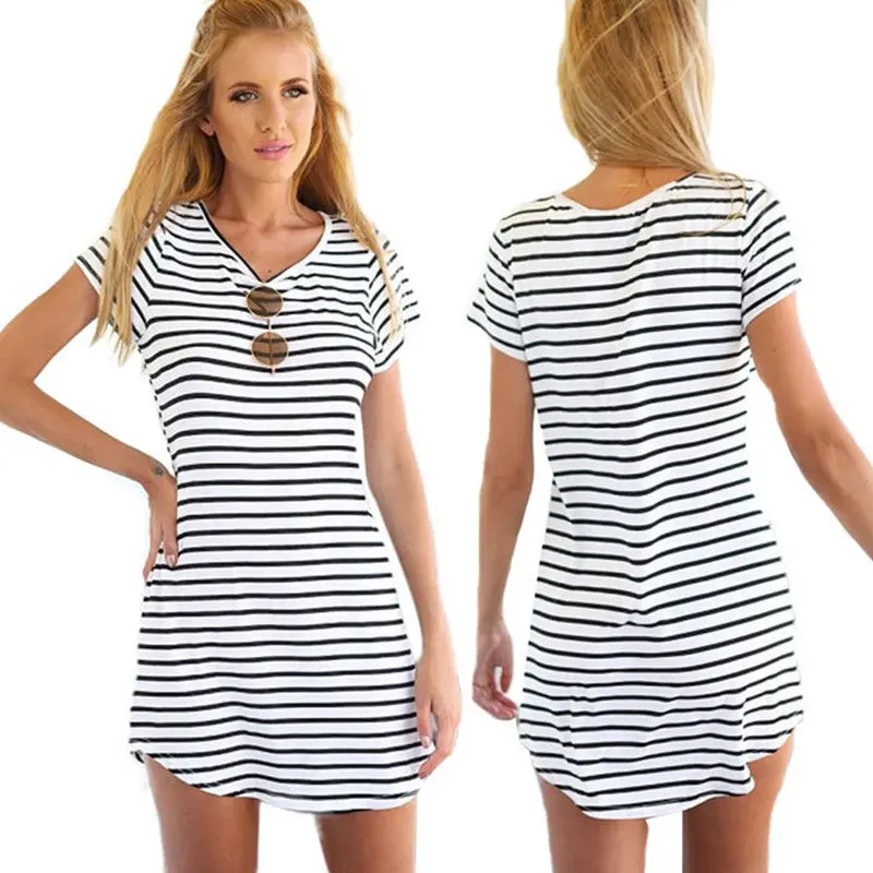 Women Oneck Dresses Striped Printed Dress Loosefitting Vestidos 2