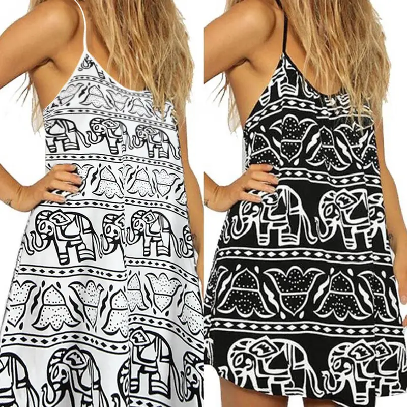 Women Onepiece Dress Cute Printing Lady Loose Casual Dress Sleeveless Sling Vestidos 8