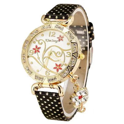 Women Orchid Print Watch Ladies Bracelet Leather Crystal Rhinestone Quartz Wrist Watch Best Gifts 1