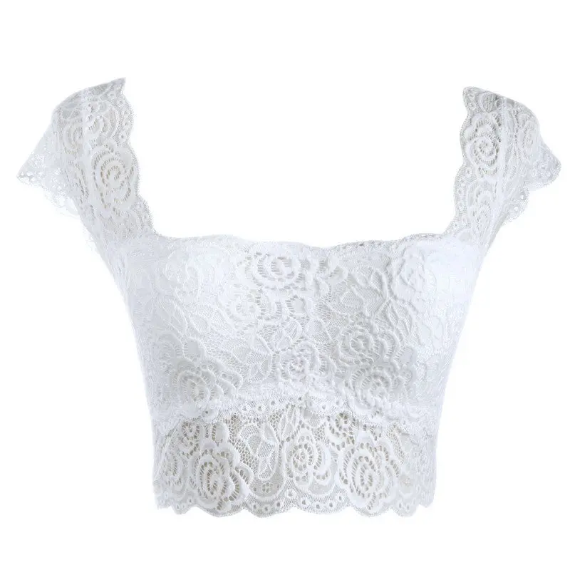 Women Padded Lace Cap Sleeve Wide Shoulder Straps Base Shirt Camisole 2