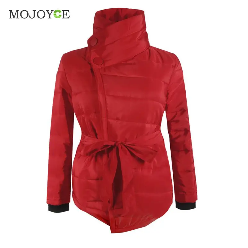 Women Parkas Long Sleeve Cotton-Padded Irregular Belt Jacket Coats 1