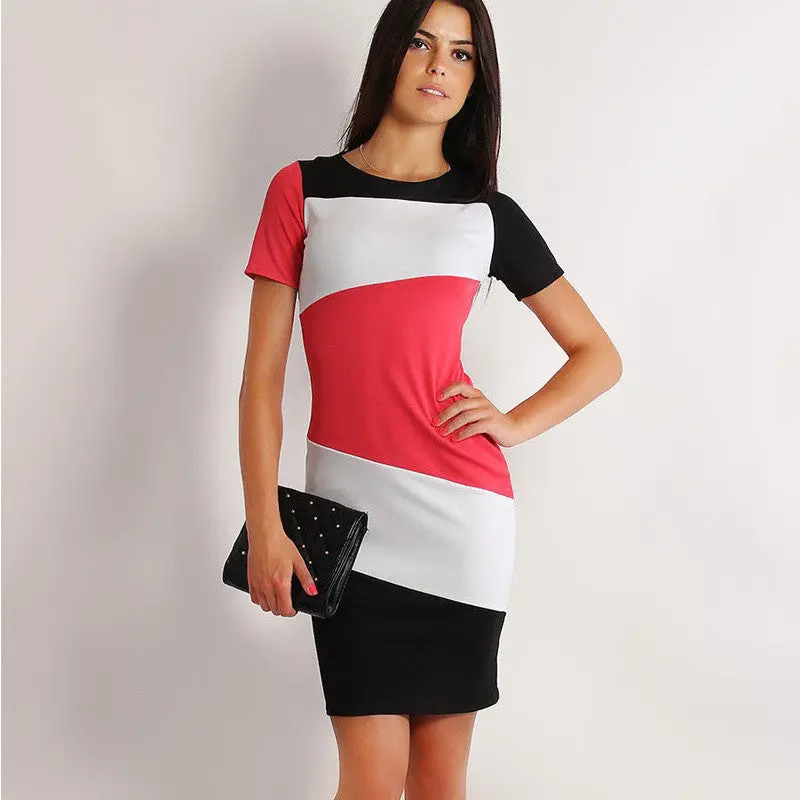 Women Patchwork Dress Elegant Slim O-Neck Short Sleeve Casual Pencil Cocktail Bodycon Women Dresses Vestidos M0069 5