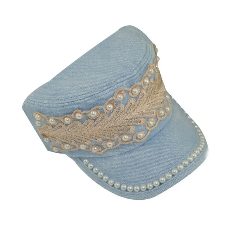 Women Pearl Lace Baseball Hat Flat Cowboy Hip Hop Dance Hat 1