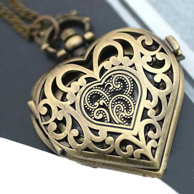 Women Pendant Watch Hollow Heart-Shaped Pocket Watch Necklace Pendant Chain Feida 1
