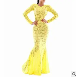 Women Perspective Lace Long Sleeve Floor-Length Dresses Stunning Slim Party Bodycon Trumpet Mermaid Dress 1109 2