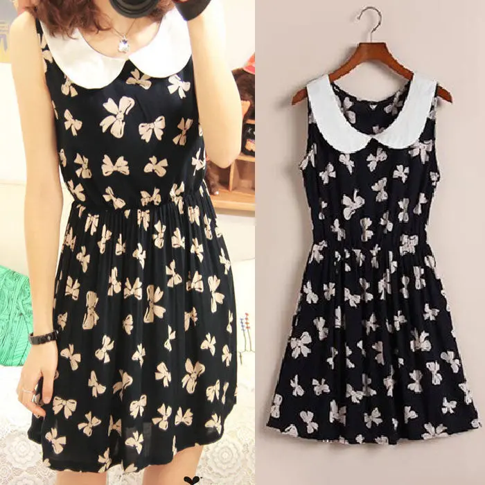 Women Peter Pan Collar Bowknot Vest Dress Sundress Sleeveless Dress 1