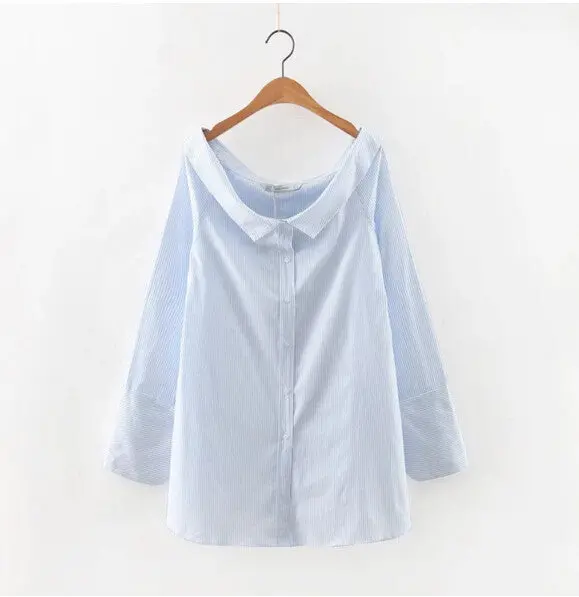 Women Peter Pan Collar Striped Shirt Casual Buttons Side Slit Off Shoulder Blouse Tops Blusas Femme Blusas 1