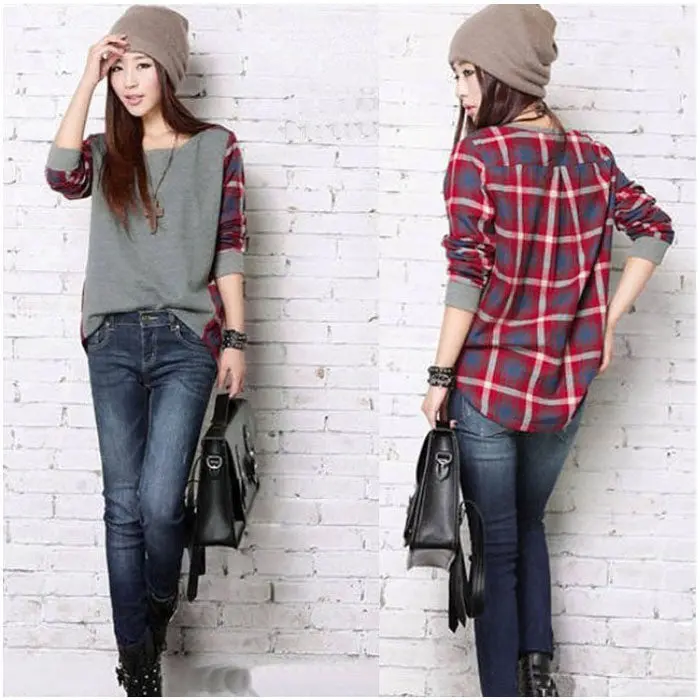 Women Plaid Checked Long Sleeve Casual Loose Shirt Tops Blouse Feida 1