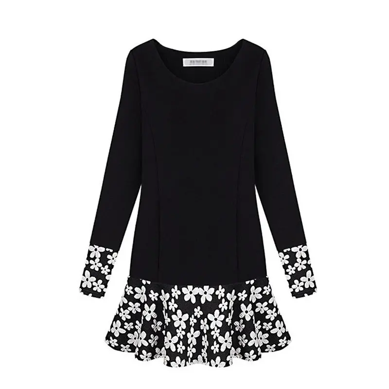 Women Plus Size Black Flower Print Mini Short Dresses Ladies Casual Evening Party Dress Fashion Vestido De Festa 1