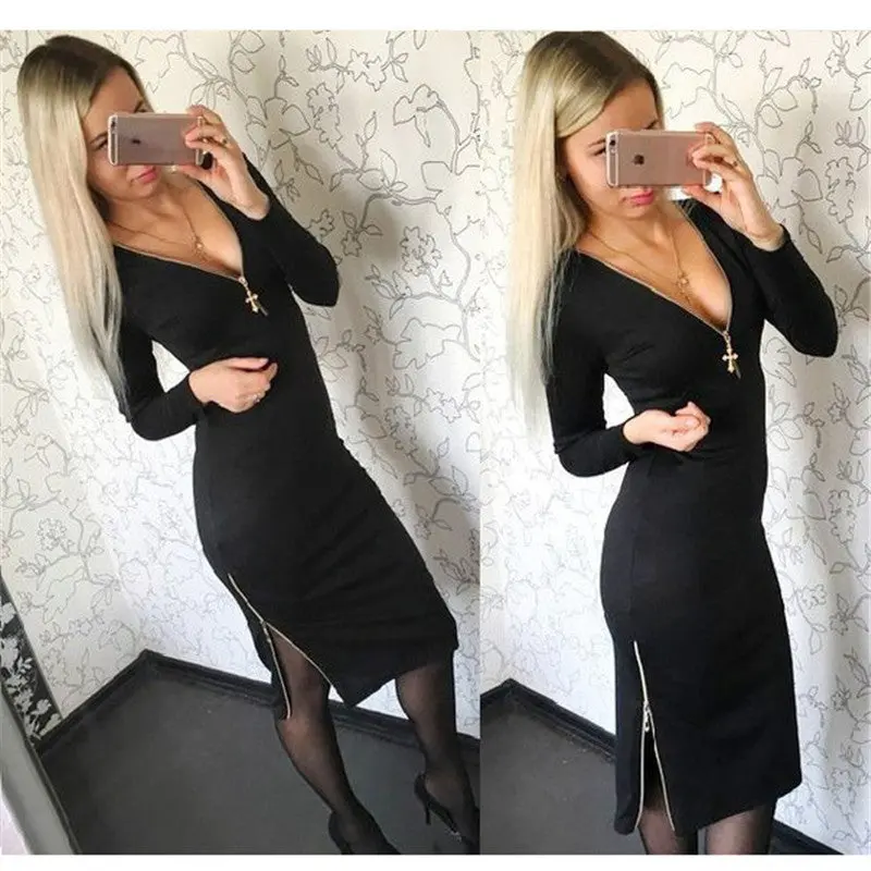 Women Plus Size Dress Casual Solid Straight Long Sleeve V-Neck Zippers Dresses Q0036 1